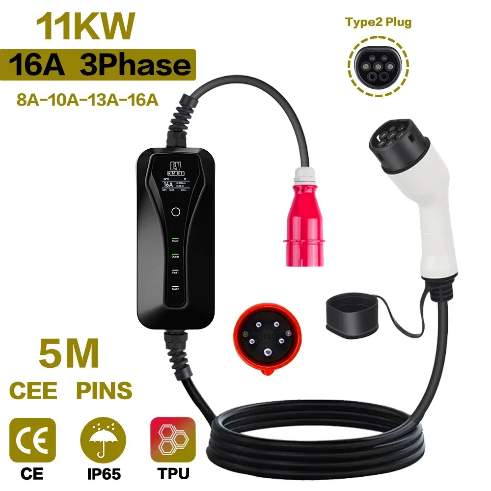 Type 2 Portable Ev Charger 11Kw Cee - 11KW 16A แบบพกพา EV Charger Type2