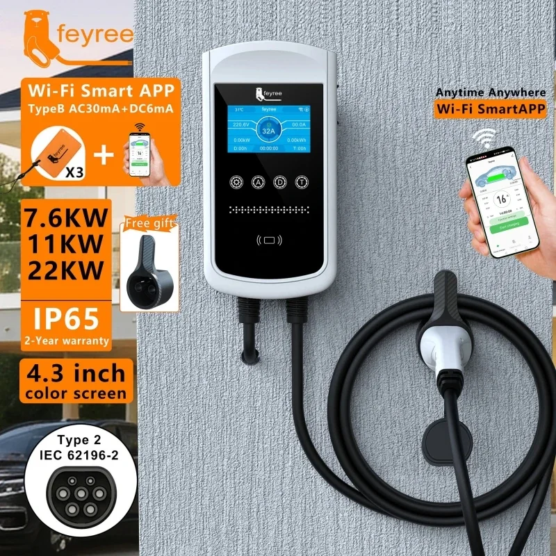 Ev Charger Type 2 22Kw 32A 3 Phase - เครื่องชาร์จรถยนต์ไฟฟ้า Feyree Type2 32A 7.6KW สถานีชาร์จรถยนต์